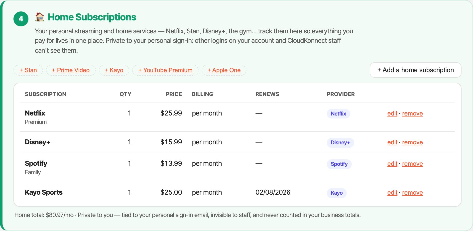 Home Subscriptions in subscriptionHUB β personal streaming like Netflix, Disney+ and Spotify, private to the individual