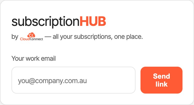 subscriptionHUB passwordless email login screen